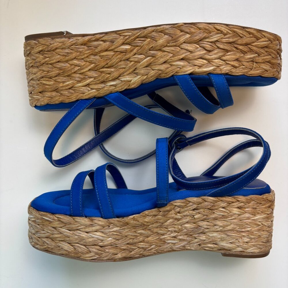 Paloma Barcelo Spain Platform Sandals 37 Blue Satin Raffia Wedge Consign
